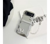 Luxury Bow Love Heart Electroplate Wavy Case with Beads Bracelet for Galaxy Z Flip4 5G Flip4 Z Flip3 Zflip3 Zflip4 Flip3 Cover