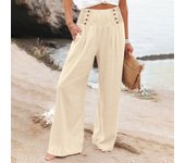 Summer Cotton Linen Wide Leg Pants Women Loose Palazzo Pant Pocket Elastic Waist Button Casual Pant Pants for Women Women’s Pant