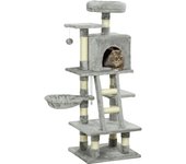 PawHut Rascador para gatos con cueva para gatos, árbol para gatos de 132 cm con hamaca, pelota de juego, cesta, árbol trepador para gatos de hasta 4,5 kg, mueble rascador, sisal, gris