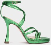 Pedro Miralles Sandalias de tacón de piel metalizada modelo LAS VEGAS en tonos Verdes. Hecho a mano en España.