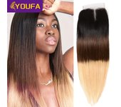 YOUFA 1B/4/27 4x4 Lace Closures Free Part 100% Brazilian Straight Human Hair 3 Tone Ombre Blonde Pre Colored Swiss Lace Closures