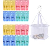 40 Pinzas de Tender de Plástico de Colores con Cesta para Pinzas, de tipo Bolsa de Malla Blanca, Pinzas de Colada para Ropa, Pantalon, Ropa Interior, Calcetines, Toallas de Playa. Accesorios para Tendedero