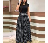Printed Splicing Crew Neck Dress Elegant Short Sleeve Slim Waist Pleated Maxi Dress Women's Clothing