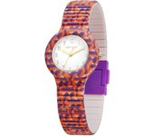 Reloj Hip Hop Logo Mania de Mujer Dial Blanco Solo-Tiempo Movimiento de Cuarzo Correa de Silicona con Tejido Multicolor