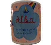 Solo Recuerdos SL Taza Mug con nombre personalizado Hecho en España diseño unicornio en caja cartón, apto para microondas y lavavajillas, personalizable en castellano, catalán-castellano, euskera-castellano y gallego-castellano.