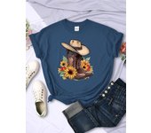 Cartoons Women T-Shirts Cowboy Riding Boots & Sunflowers Printed Tees O-Neck Comfortable Soft Short Sleeve Summer Female Clothes