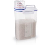 Contenedor de almacenamiento de alimentos de 2 litros para arroz, recipiente portátil pequeño con taza medidora, almacenamiento de cereales de plástico con boquilla vertedora, frijoles de cocina, harina, comida para mascotas