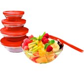 Set Jocca de 5 boles de cristal con tapa antigoteo en varios colores, de distintos tamaños, apilables y aptos para el microondas