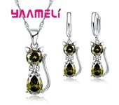 Real 925 Sterling Silver Color Jewelry Sets for Woman Girls Shining Austrian Crystal Cute Cat Pendant Necklace Huggie Earring