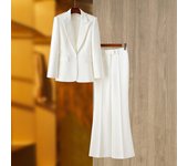 Unique Stunning Runway Design Pearl Beaded White Blazer Suit 2Pcs Flare Pants Sets Women Fashion Clothing