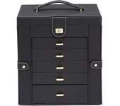 Joyero grande de cuero de 6 niveles con compartimentos laterales, rectangular, negro, 12,00" x 6,61" x 13" (30,3 cm x 16,8 cm x 33 cm) (largo x ancho x alto)