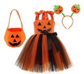 Disfraz de calabaza de Halloween para niñas, princesas, fiestas, cosplay, con diadema y bolsas para sesión de fotos, de 2 a 8 años.