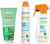 AGRADO - Pack Kids Solar, Set con Bruma Solar Kids Aerosol SPF50+ 200 ml, Loción Solar Kids Pistola SPF50+ 250 ml, Aftersun Hidragel Aloe Tubo 200 ml, Fórmula Vegana, Ideal para las Pieles Sensibles de los Más Pequeños, Contiene Vitamina E