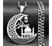 Islamic Mosque Muslim Crescent Moon Necklace for Women Men Stainless Steel Quran Islam Religious Jewelry chaine homme 6216-QKC