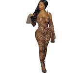 Skinny Jumpsuits SXY Off The Shoulder Leopard Print Catsuit Bodysuits Flare Sleeve One Piece Long Pants Playsuit