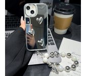 Glitter 3D Love Heart Mirror Bracelet Case for iPhone 15 14 Pro Max 11 12 13 Pro Max XS Max X XR Bead Lanyard Wrist Strap Case