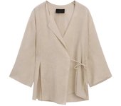 Women's Linen Flowing Crossover Kimono Shirt Trousers Set V-neck Long Sleeve Wrap Lace-up Vent Top Drawstring Wide Leg Pants Set