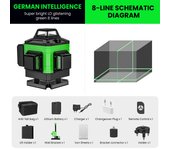 Nivel láser verde 4D de 16 líneas ±3° Alcance de 200 pies Precisión ±1/9 pulg. Recargable por USB Con receptor Alcance de 200 pies IP54 Resistente al polvo y al agua Para niveles láser de construcción de edificios