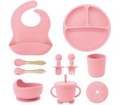 Vajilla de Bebé Silicona, 10 piezas de Vajilla Infantil, Cuadertos with Plato Sucker, Plato Bebe Ventosa,Tenedor with Mango De Madera, Bebe de silicona, Babero Set vajilla silicona Bebe