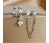 3PCS New Arrival Four Zircon Flower Hoop Earring Set for Women Stainless Steel Double Stud Chain Tassel Huggie Piercing Jewelry