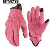 SUOMY Lady Pink Leather Motorcycle Gloves Genuine Leather Perforated Women Motorbike Riding Gloves Touch Screen Moto Guantes