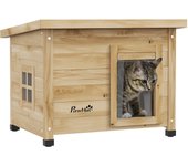 PawHut Caseta elevada de madera para gatos para exteriores con techo de asfalto, puerta con cortina y ventana, 57 x 45 x 43 cm, color amarillo