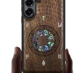 Funda magnética de madera para Galaxy S25+/S25 Plus, con grabado artesanal de madera e incrustaciones de concha, compatible con cargadores inalámbricos MagSafe (estilo azteca, lagos alpinos) rosa