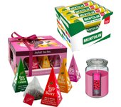 Pack relax: MENTOLIN LIMON MEL S/A TUBO 12X20G + WELL HOME - Vela perfumada de frambuesa + WELL HOME - Caja de Té Joyfull con variedad de sabores