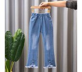 2024 New Autumn Elastic Kids Jeans Girls Cute Leisure Bow Denim Blue Children Flared Pants teenage Girl Clothes Trousers 3-12Y