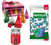 Lote respira: MENTOLIN EXTRA FUERTE S/A BOLSA 1KG + Vela perfumada de frutos rojos + Caja de Té Joyfull con variedad de sabores