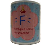 Solo Recuerdos SL Taza Mug con nombre personalizado Hecho en España diseño unicornio en caja cartón, apto para microondas y lavavajillas, personalizable en castellano, catalán-castellano, euskera-castellano y gallego-castellano.