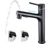 Alto Grifo de Baño Alzado with 3 Functiones Telezucha Extraible, Monomando Lavabo Grifo de Cuenca Grifería baño Agua fría y Caliente, Latón Negro