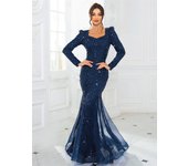 Fishtail Sparkle Sequined Evening Party Maxi Dress V Neck Elegant Full Sleeved Patchwork Organza Prom Gown Green Navy