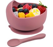 Cuencos y Cuchas para Alimentación de bebés, juego de silicona para destete with Sucker, vainilla Infantil, Cuenco Comer para Bebés, niños y niños, fácil de limpiar, Colo Rosa y Morado.