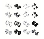 16pairs Stainless Steel Earrings For Men, CZ Black & Silvery Earrings Huggie Hoop Jewelry Earrings Set
