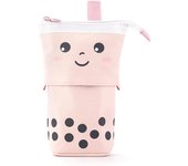 Estuche para lápices con diseño de gato, estuche retráctil de lona, ​​caja de almacenamiento de papelería, rosa y lunares