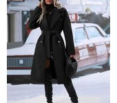 Europe And The United States Solid Color Lapel Thickened Lace-up Double-breasted Buckle Lengthened Paragraph Female Trench Coat