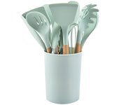 Set de 12 Utensilios de Cocina de Silicona con Mango de Madera - Antiadherentes, Faciles de Limpiar - Herramientas Esenciales de Cocina para Hornear y Cocinar