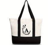 Black wheat ear gradient black letter printed canvas beach bag, fashionable and trendy handbag, canvas shopping bag