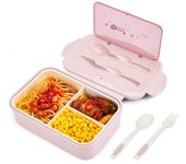 Fiambrera Bento Box in Prueba de Fugas para Niños Adultos, Contenedor de Alimentos con 3 Compartimientos y Juego de Cubios, Sin BPA