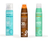 AGRADO - Brumas + Broncea Care, Set con Bruma Facial Solar SPF50+ 75 ml, Broncea Care SPF30 200 ml, Aftersun Hidrocalmante Aerosol 200 ml, Protección Muy Alta con Fórmula Vegana, Potenciador del Bronceado, para Pieles Sensibles, Resistente al Agua