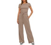 Fashion Classic Skinny Two Piece Outfits Summer Short Sleeve Ruched Tops And Wide Leg Long Pants Tracksuit Matching Set For Lady