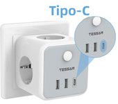 TESSAN Multiple Wall Socket Extender with 3 Outlets 2 USB 1 Type C Cube Electric Socket Adapter with Switch Overload Protection