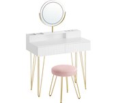 VASAGLE Tocador con Taburete e Iluminación, Regleta de Enchufes, Espejo Giratorio, Tocador, 40 x 80 x 134,8 cm, Tocador con Cajones, Taburete Tapizado, Blanco Mate y Dorado Pálido