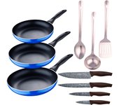 San Ignacio Set 3pc Sartenes Aluminio Prensado Inducción Azul Navy Paradise con Utensilios y Cuchillos de Cocina