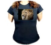 MERCHANDMANIA CAMISETA NEGRA MUJER leon majestuoso salvaje selva savana feroz fiera oferta tshirt
