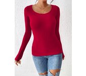 Ribbed Crew Neck T-Shirt, Casual Long Sleeve Top For Spring & Fall, Women's Clothing