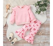 2Pcs Kids Girl Fall Outfit Solid Color Long Sleeve Sweatshirt With Bow Print Flare Pants Children Honey Pink Clothes Set