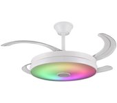 BVLED - Ventilador de techo con aspas retráctiles, luz led RGB de 72W y altavoz Althea S. Tamaño Ø92cm, modo invierno/verano, con mando y APP móvil en color blanco