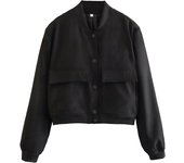 TRAF Women's Bomber Jacket Long Sleeve Coat with Pockets Retro Front Button Jacket Elegant High Street Jacket New Jacket Tops